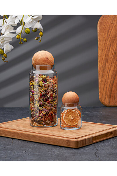 Sensoria 2'Li Ahşap Top Kapaklı Cam Kavanoz Seti Şekerlik Çerezlik Baharatlık...