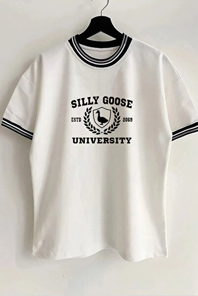 Vordevia Tricou oversize unisex alb cu nervuri, cu imprimeu Silly Goose, cu g...