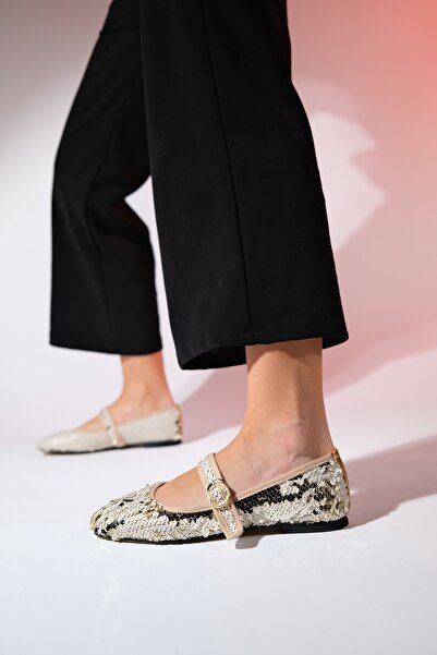 LuviShoes VESLA bézs flitteres lapos női balerinák