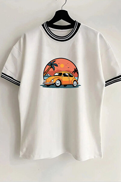 Vordevia Tricou unisex oversize alb cu nervuri cu imprimeu Vosvos, cu guler ș...