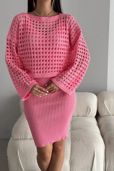 Lady MORE Triko Delikli Kazak Elbise Takım