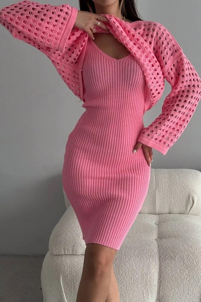 Lady MORE Triko Delikli Kazak Elbise Takım