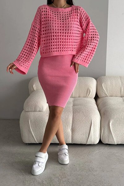 Lady MORE Triko Delikli Kazak Elbise Takım