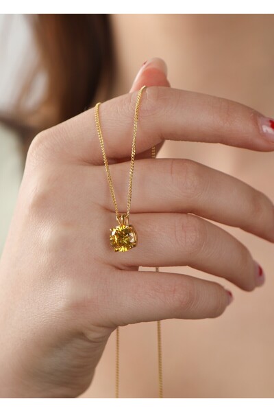 LİNOVE JEWELLERY Sitrin gümüş kolye, 925 Ayar gümüş tektaş sitrin kolye, Sarı...