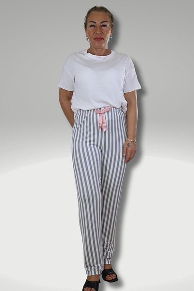 ikontarz Women's Gray Striped Pajama Bottom with Pink Ribbon