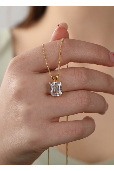 LİNOVE JEWELLERY 925 Ayar Gümüş Baget Kolye, Gümüş Üzeri 14K Altın Kaplama Ba...