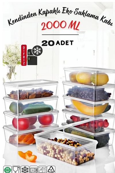 Open Home Concept 20 Self-Covered Storage Containers Suitable for Deep Freezer 2 Lt