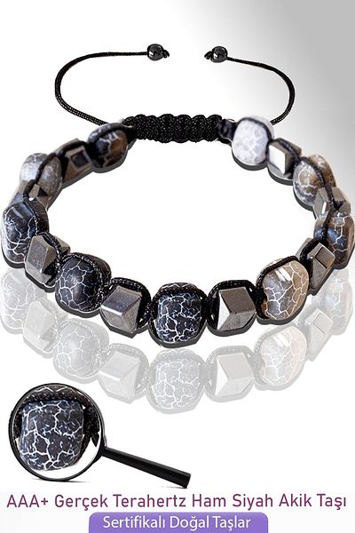 Tesbih Atölyesi Certified Cube Model Raw Black Agate Stone Bracelet - Adjustable