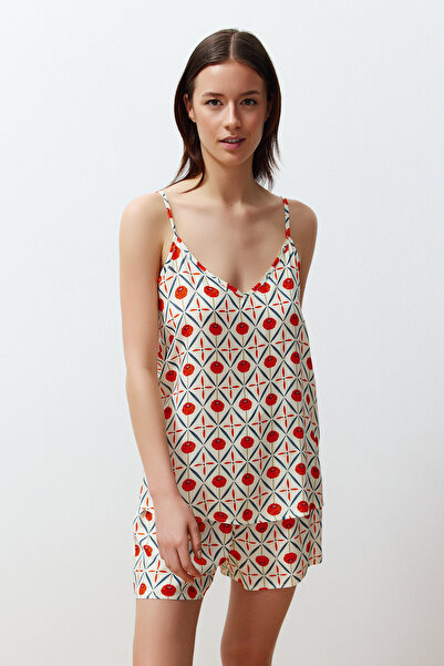 Trendyol Collection Multicolor Ethnic Patterned Woven Pajamas Set with Rope Strap Viscose Shorts Thmss24Pt00192