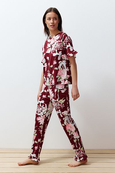 Trendyol Collection Bordó virágmintás 100% pamut fodros pizsama szett - THMSS24PT00229