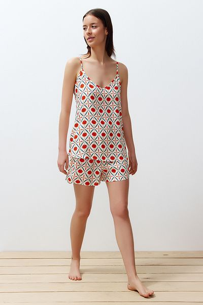 Trendyol Collection Mehrfarbiges, ethnisch gemustertes, gewebtes Pyjama-Set mit Seilriemen und Viskose-Shorts THMSS24PT00192