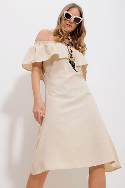 Trend Alaçatı Stili Women's Ecru Madonna Collar Self Patterned Woven Dress ALC-X11810