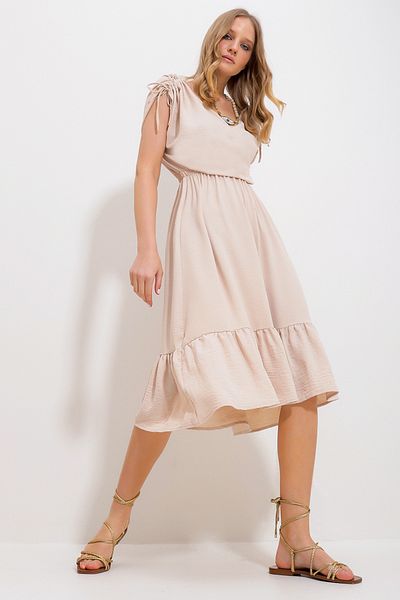 Trend Alaçatı Stili Women's Beige V-Neck Skirt Flounce Elastic Waist Woven Dress Alc-X11744