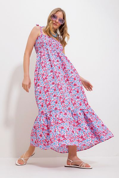 Trend Alaçatı Stili Women's Pink Strap Elastic Patterned Woven Dress ALC-X11858