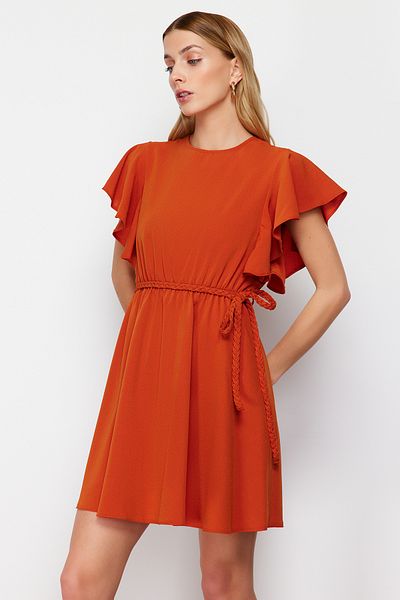 Trendyol Collection Tile Belted Waist Opening Sleeves Flounces Mini Woven Dress TWOSS24EL00489