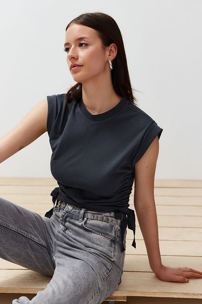 Trendyol Collection Anthracite 100% Cotton Gather Detailed Crop Bat Sleeve Knitted T-Shirt TWOSS24TS00026