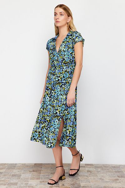 Trendyol Collection Námořnická modrá Květinový vzor A-line dvouřadý límec viskózové midi tkané šaty TWOSS24EL00607