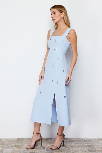 Trendyol Collection Blue Embroidered Skirt Waist Opening Square Collar Midi Woven Dress TWOSS24EL00329