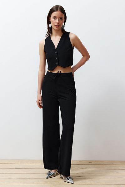 Trendyol Collection V-neck Black Knitted Vest and Trousers Set - Wide Leg, Buttoned, TWOSS24AU00017