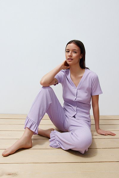 Trendyol Collection Detailní sada pleteného pyžama se šňůrou v šeříku THMSS24PT00209