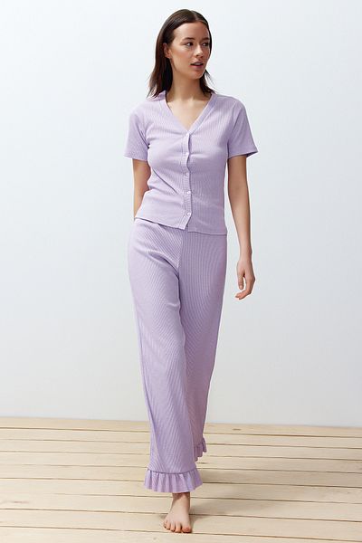 Trendyol Collection Detailní sada pleteného pyžama se šňůrou v šeříku THMSS24PT00209