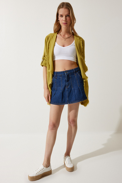 Happiness İstanbul Γυναικείο Λάδι Πράσινο Μπουφάν με Λεπτομερή Ασύμμετρο Μουσελίνα SA00020