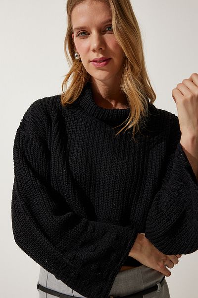 Happiness İstanbul Pulover de damă negru cu gât tricotat texturat sezonier MW00133