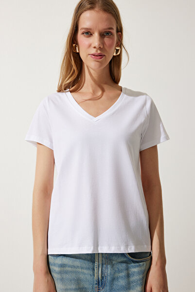 Happiness İstanbul Dámské bílé základní pletené tričko s výstřihem do V UB00261