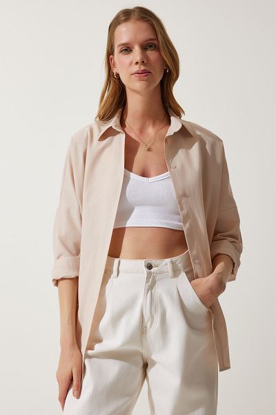 Happiness İstanbul Cămașă de bază lungă oversize crem pentru femei DD00842
