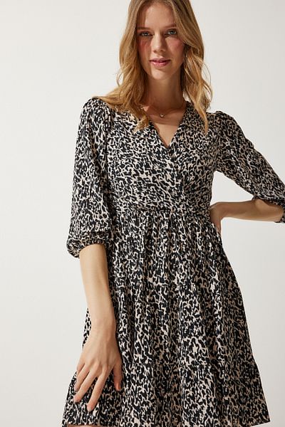 Happiness İstanbul Women's Black Beige Patterned Wraped Collar Summer Knitted Dress MC00202