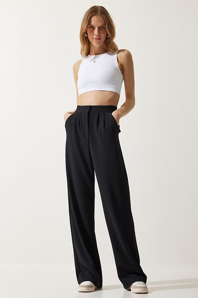Happiness İstanbul Women's Black Lycra Comfortable Palazzo Knitted Trousers RV00175