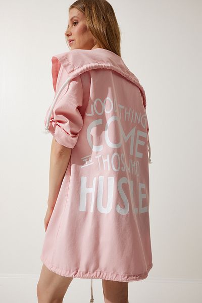 Happiness İstanbul Rosa bedruckte Oversize-Gabardine-Jacke für Damen SA00023