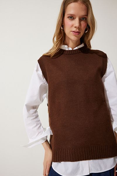 Happiness İstanbul Brauner Strickpullover mit Rundhalsausschnitt und Knöpfen für Damen YG00100