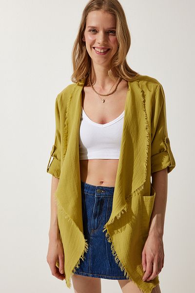 Happiness İstanbul Damen Ölgrüne asymmetrische Musselinjacke mit Fransendetail SA00020