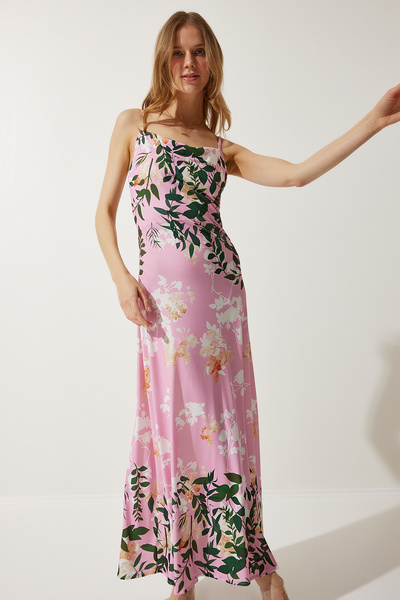 Happiness İstanbul Női rózsaszín virágos hasított nyári ruha FF00159