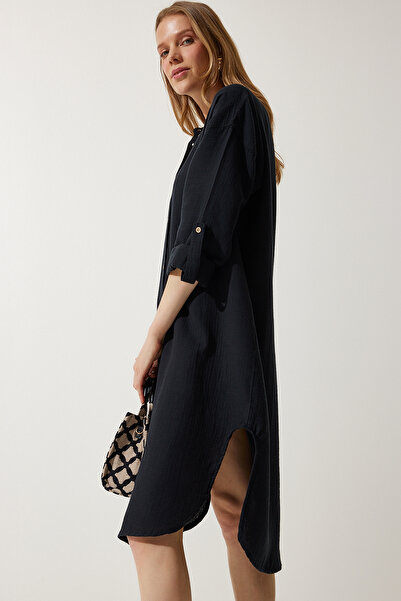Happiness İstanbul Dámské černé oversize mušelínové košilové šaty SA00021
