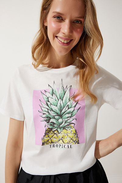 Happiness İstanbul Tricou tricotat 100% bumbac cu imprimeu alb pentru femei WO00037