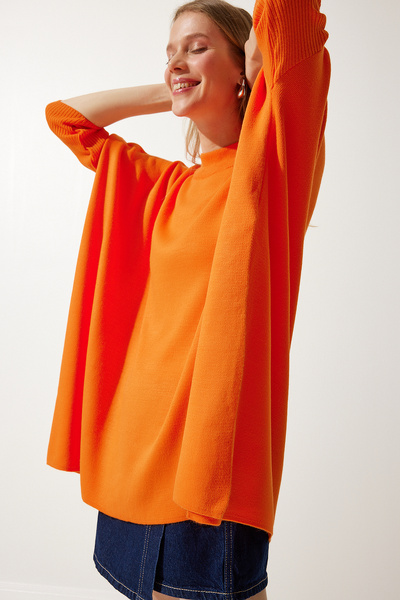Happiness İstanbul Women's Orange Side Slit Oversize Poncho Sweater YY00005