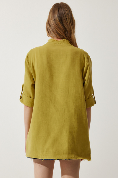 Happiness İstanbul Γυναικείο Λάδι Πράσινο Μπουφάν με Λεπτομερή Ασύμμετρο Μουσελίνα SA00020