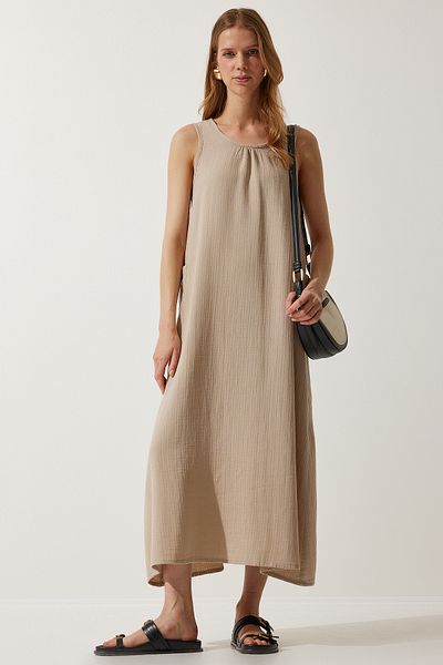 Happiness İstanbul Beiges Sommerkleid aus Musselin mit weiten Taschen für Damen SA00022