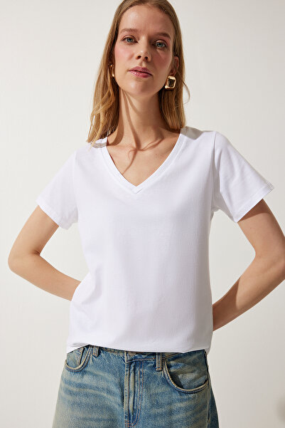 Happiness İstanbul Dámské bílé základní pletené tričko s výstřihem do V UB00261