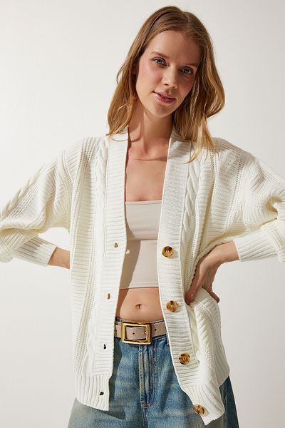 Happiness İstanbul Ecrufarbene Strickjacke mit geflochtenen Ballonärmeln für Damen ZA00039