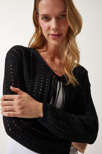 Happiness İstanbul Women's Black Openwork Knitwear Bolero Cardigan PF00074