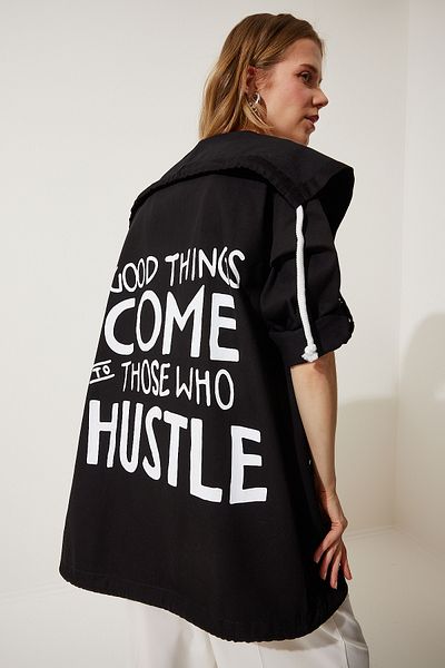 Happiness İstanbul Women's Black Printed Oversize Gabardine Jacket SA00023