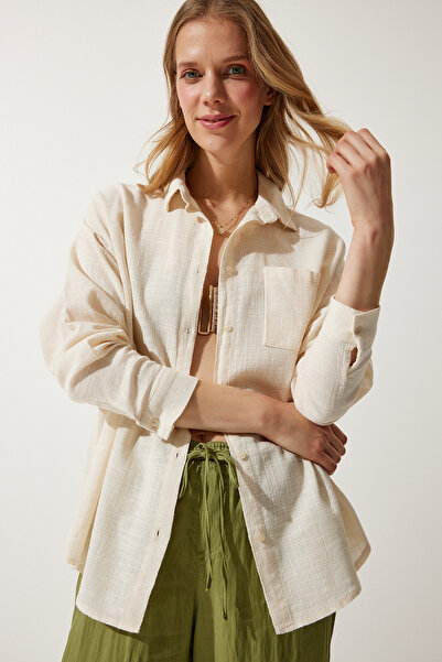 Happiness İstanbul Női krémszínű oversize vászon ing zsebekkel MX00152