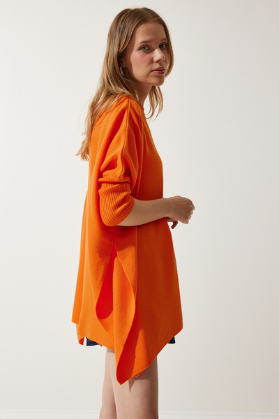 Happiness İstanbul Women's Orange Side Slit Oversize Poncho Sweater YY00005