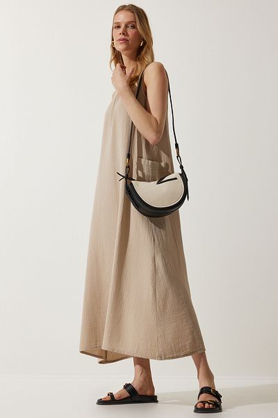 Happiness İstanbul Beiges Sommerkleid aus Musselin mit weiten Taschen für Damen SA00022