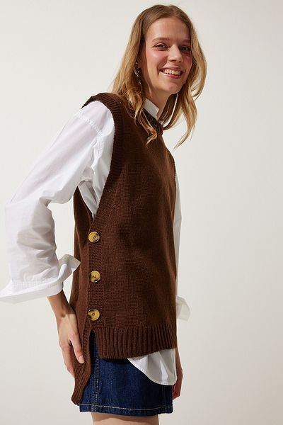 Happiness İstanbul Brauner Strickpullover mit Rundhalsausschnitt und Knöpfen für Damen YG00100