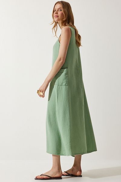 Happiness İstanbul Grünes Sommerkleid aus Musselin mit weiten Taschen für Damen SA00022