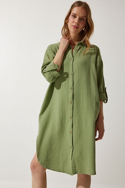 Happiness İstanbul Grünes Oversize-Hemdkleid aus Musselin für Damen SA00021